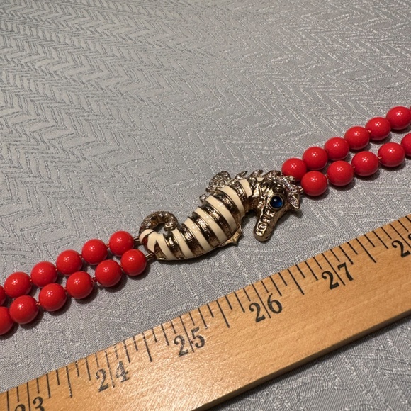 J Crew coral bead necklace with enameled and rhinestone seahorse - Picture 3 of 5